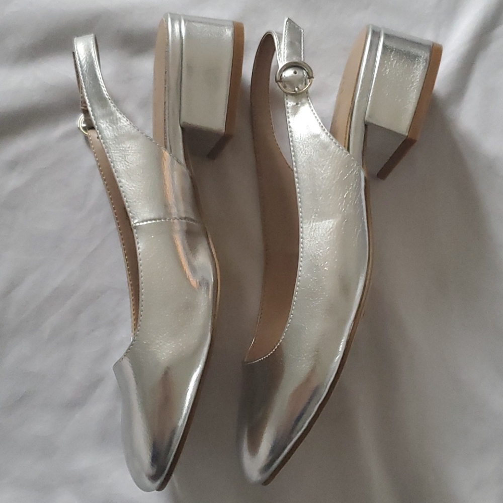 Silver Slingback Block Heel Shoes